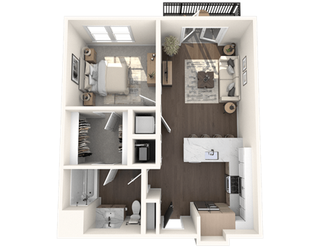 A 3D floor plan of a small apartment with a kitchen, living room, and bathroom.